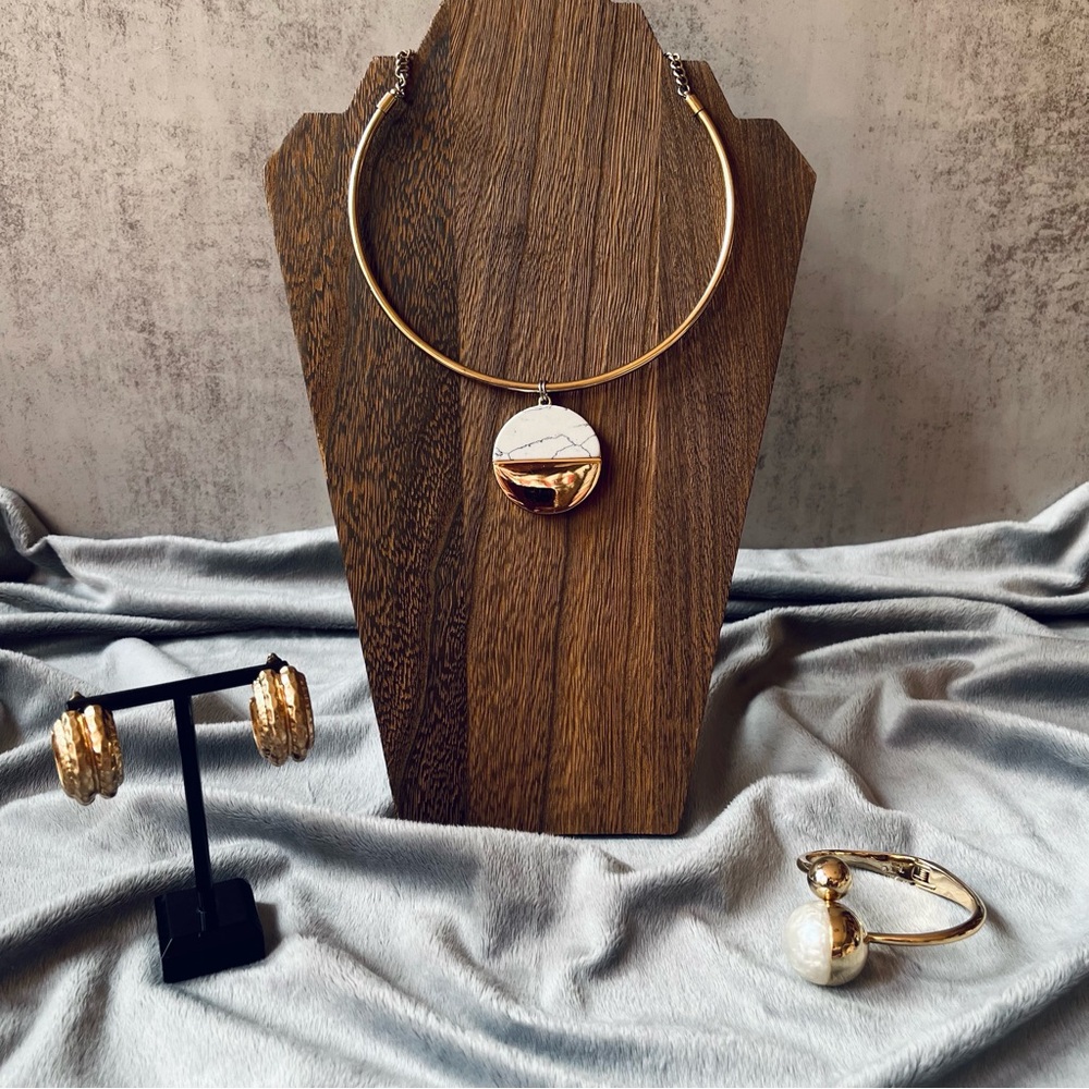 3 Piece Gold-Tone Statement Jewelry Lot – Necklace, Earrings & Bracelets